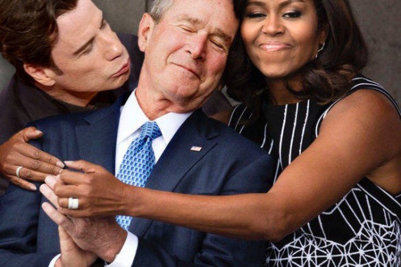 Cette photo de Michelle Obama enlaçant Bush a été parodiée sur Twitter (et c’est très drôle) !